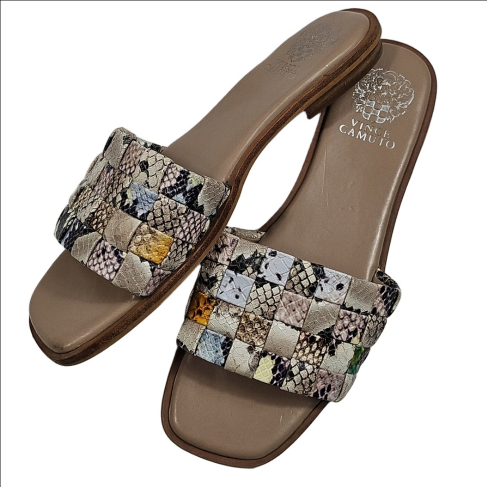 Vince Camuto Nanchia Leather Snake Multi-Color Woven Slip On Flat Slide Sandal